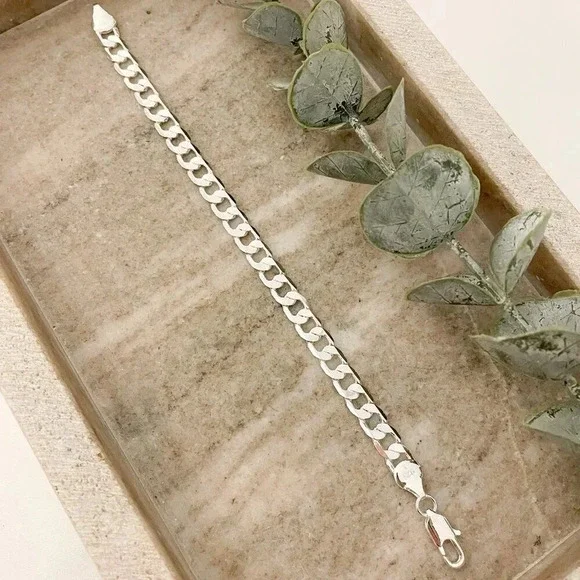 925 Sterling Silver Flat Curb Chain Bracelet 6 MM Dainty Chain Link Bracelet - Picture 2 of 6